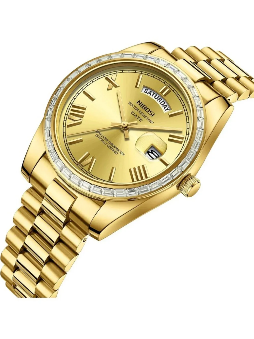 Nibosi Men's Gold Analog Quartz Diamond Bezel Stainless Steel Waterproof Watch